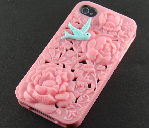 Vintage Victoria peony ,blue bird, Light pink hard Case Cover ----for Apple iPhone 4 Case, iPhone 4s Case, iPhone 4 Hard Case