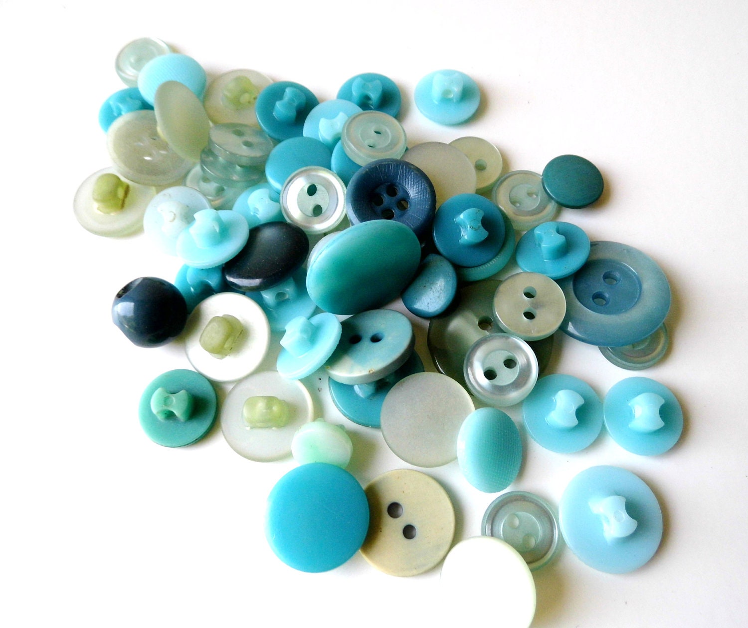 Vintage Teal, Green, Aqua Buttons, Various Hues, Tones and Sizes, 50 Plus pcs., Supplies from All Vintage Sewing - AllVintageSewing