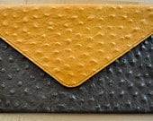 Mustard Yellow & Black Ostrich Leather Clutch Bag
