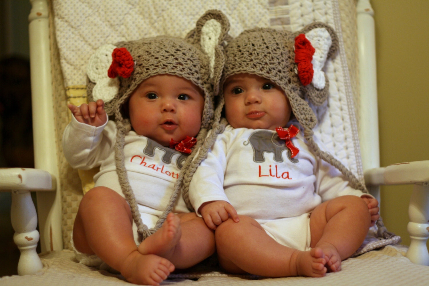 Twin Crochet Elephant Hat with Earflaps and Alabama Red Crochet Bow - Newborn, Baby, Toddler Sizes - Great Photo Prop