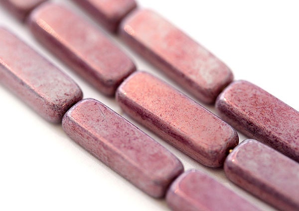 Rose Pink Czech beads, long glass beads with pearl luster - 15x05mm - 12Pc - 0385