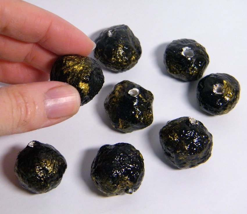 Beads Black Golden Upcycled Paper Mache Clay Beads, Eco Chic, Eco chic, DIY Supplies, Jewelry