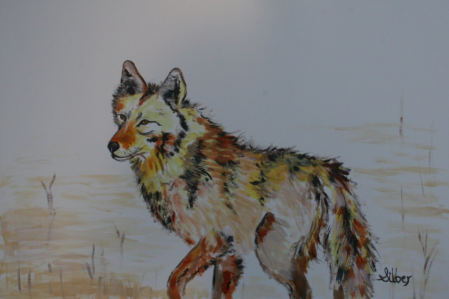 Original painting, wolf standing in wait, in soft earth tone colors on paper, 12 x 18, acrylic painting