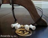 OM Necklace. Leather necklace. Yoga necklace. White necklace. Acuarela.