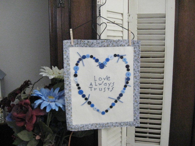 Button Heart Wall Hanging Love Always Trusts Saying Blue Button Home Decor