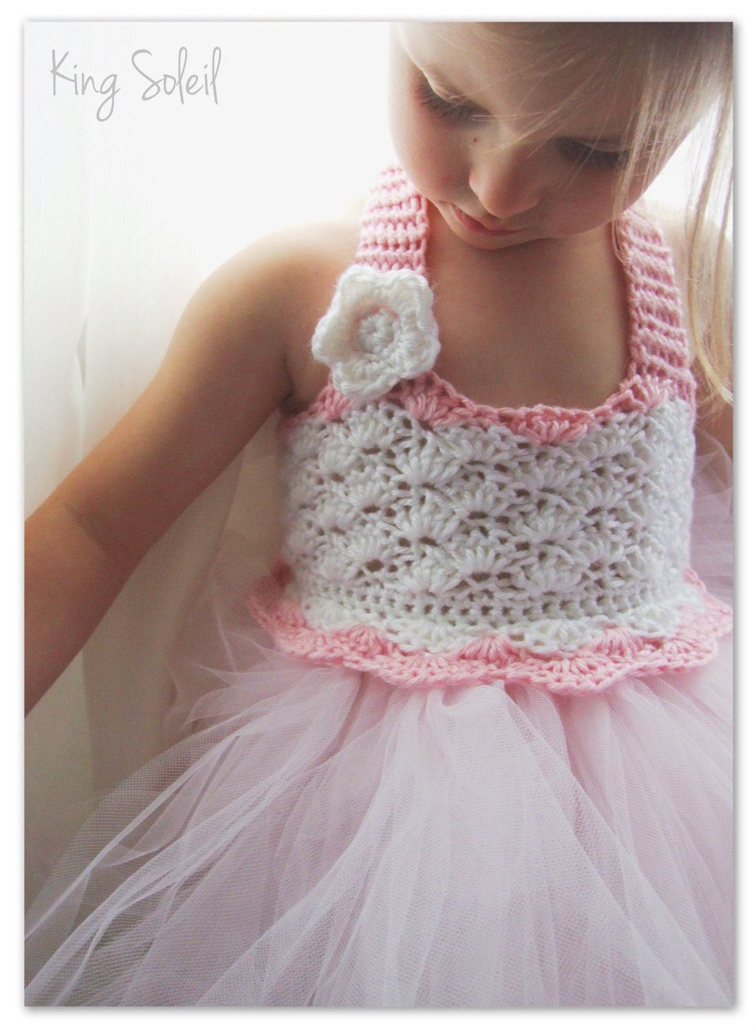 Flower Girl Dress Tulle Tutu Crochet Bodice Ballerina Baby Pink and White Size Infant to Toddler Size 3