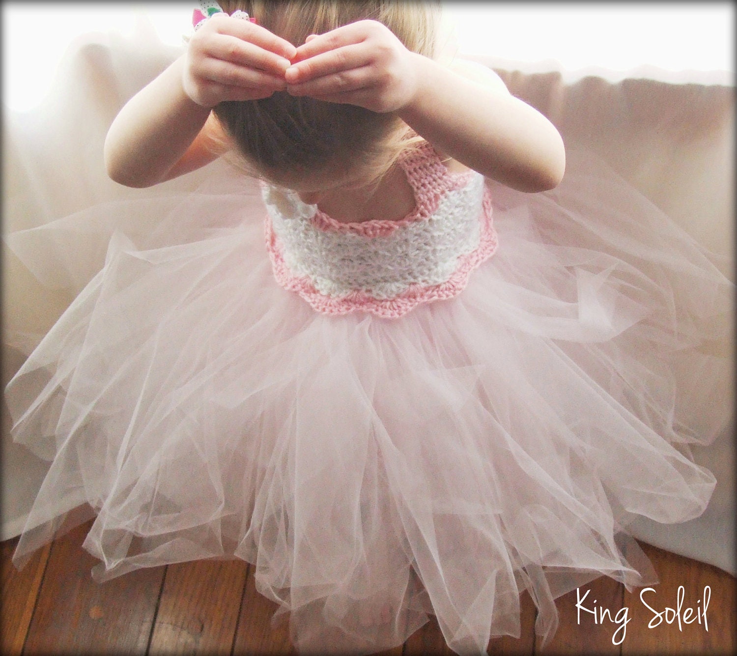 Flower Girl Dress Tulle Tutu Crochet Bodice Ballerina Baby Pink and White Size Infant to Toddler Size 3