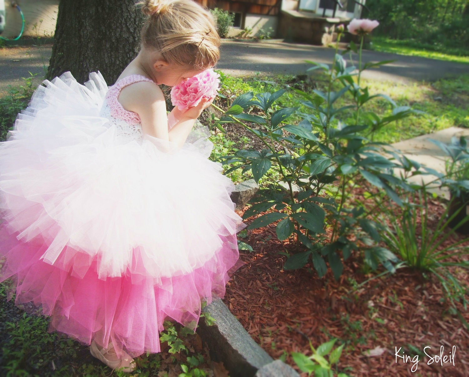 Flower Girl Dress Ombre Pink and White Crochet Rose Tulle Tutu Infant to Toddler Size 4 as featured in Zankyou Magazine and Etsy Weddings