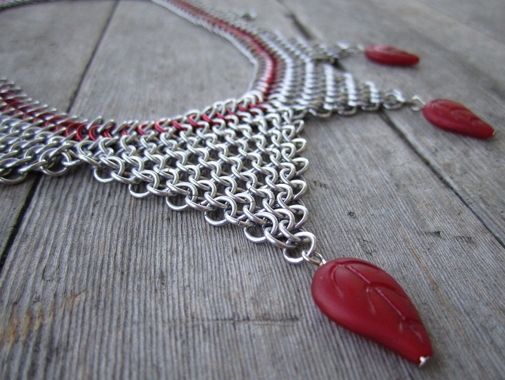 Bright aluminum and red anodized aluminum chainmaille chain mail gothic goth style choker with red leaf drops leaves - ChainedExpressions
