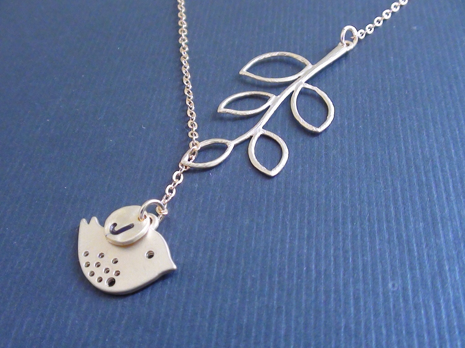 Sale-Personalized Initial-Five Leaf Branch And Adorable Bird With Mini Coin Charm-Lariat Necklace