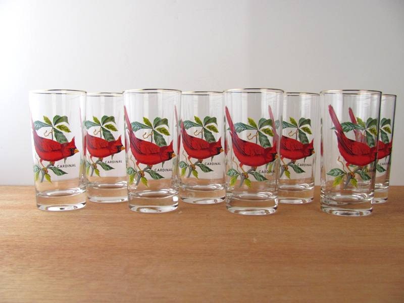 Vintage Cardinal Bird Drinking Glasses Gold Rim