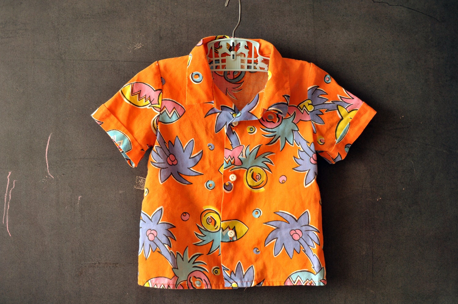 vtg orange toddler hawaiian/tropical short sleeve button up shirt, size 3
