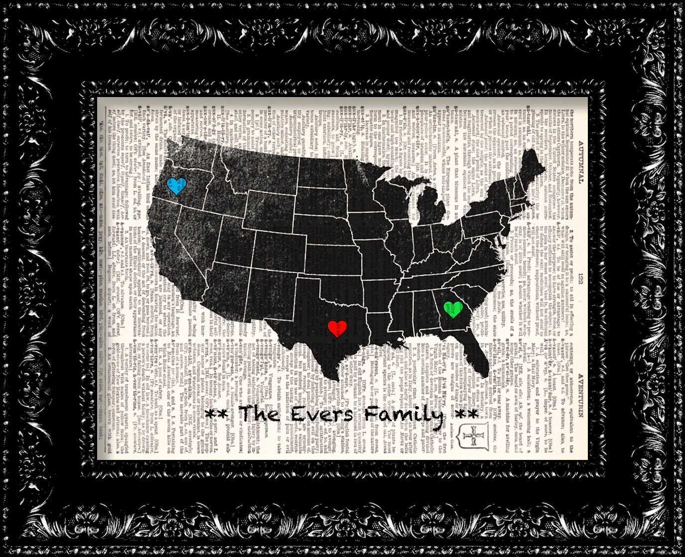 Family I Heart USA Map Personalized - Vintage Dictionary Print Vintage Book Print Page Art  Vintage Book Art