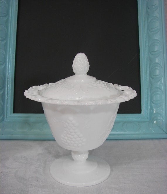 Items similar to Vintage Milk Glass Covered Candy Dish Grape Design on Etsy