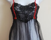 Black Camisole Top - Lace negligee - Red  Roses Floral Embellishments - Sheer Black Mesh and Lace - Sexy Lingerie - Small/Medium  - No.4