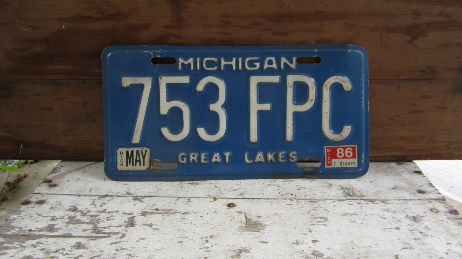 Vintage License Plate Michigan 1980s Blue White Rusty Rusted Rust Old Distressed Salvaged Metal Antique License Plate