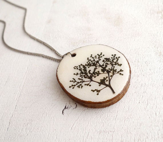 Pressed Flower Wood Necklace - Handmade flower jewelry for nature lovers