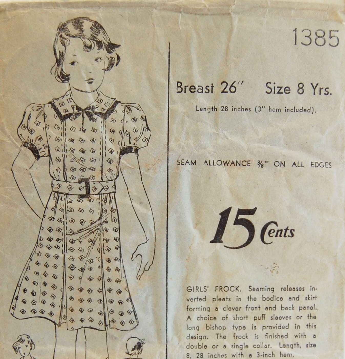 Vintage 1930s Advance Girls' Dress Pattern 1385 Size 8 Years (26" Chest)