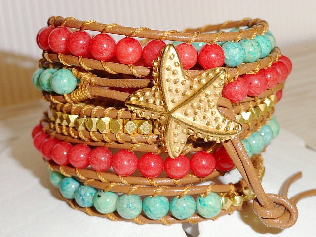 Starfish Leather Wrap Bracelet -  beach ocean jewelry - beachy leather wrap - Bohemian leather bracelet - Orange Mint Gold
