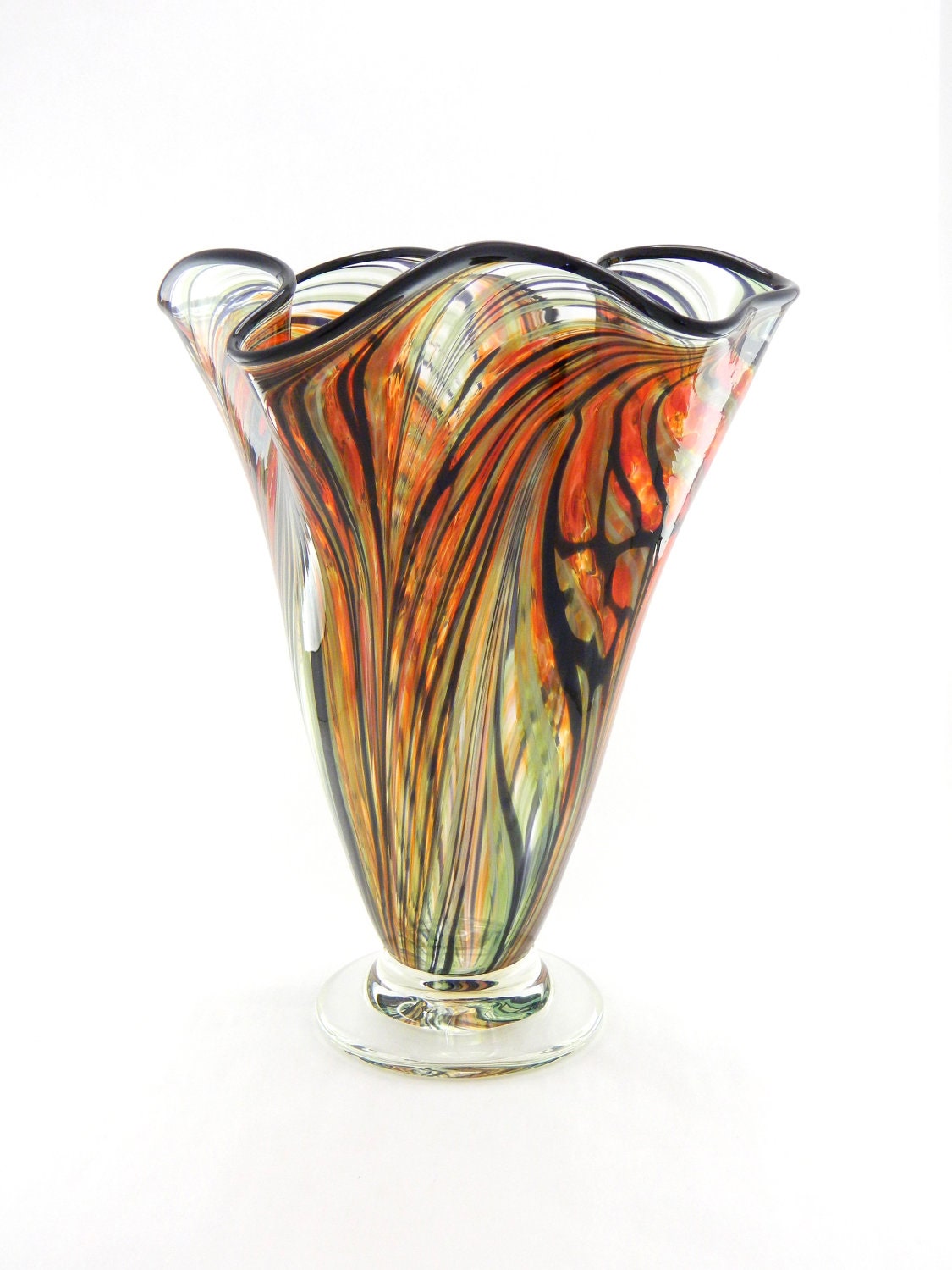 Hand Blown Art Glass Vase - Scarlet Red - Freeform - Fluted
