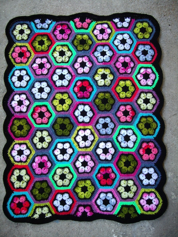 Granny Squares Crochet Rug...Crochet Colorful Afghan...Knitted Patchwork Flowers...