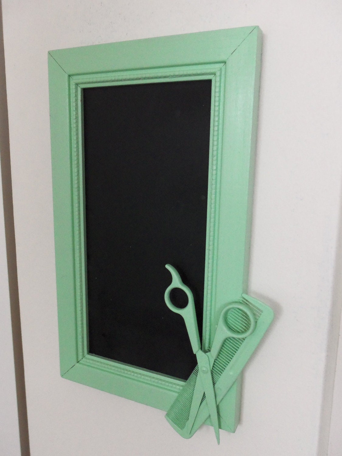 mint green hairstylist scissors chalkboard