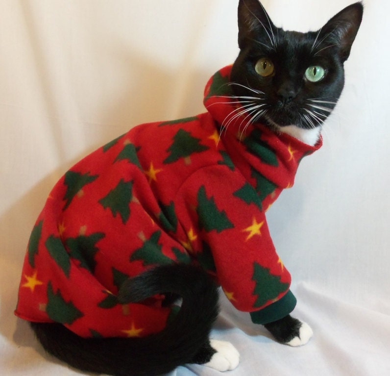 CoolCats Hooded Christmas Tree Fleece Cat Pajamas - RockinDogs