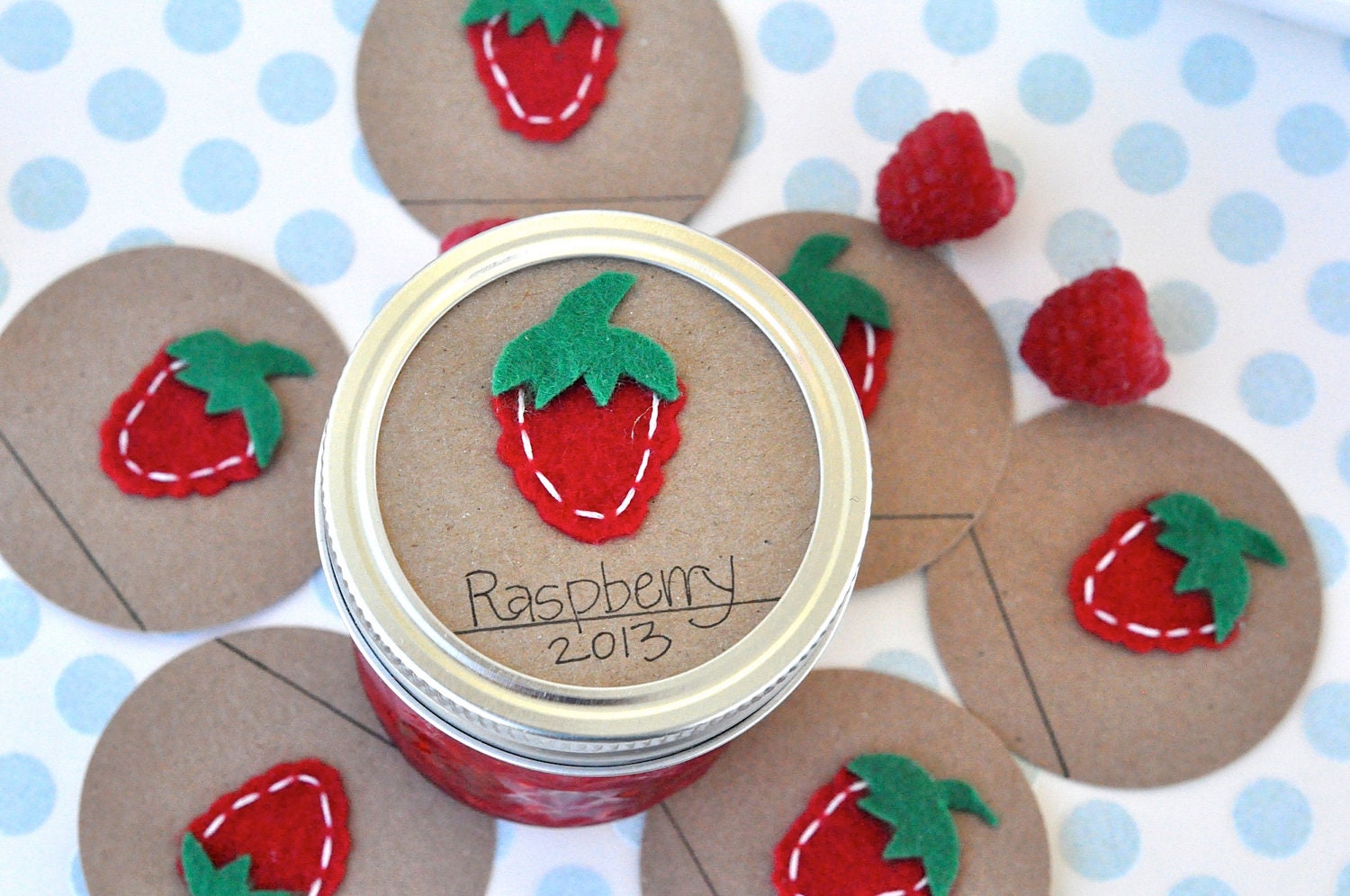 Mason Jar Gift Labels: 6 RASPBERRY Felt Regular or Wide-Mouth Toppers