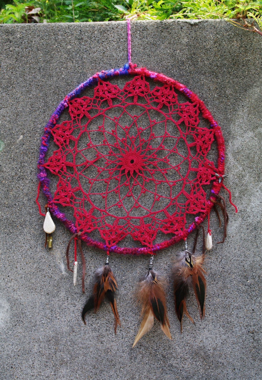 masticapute. handmade vintage lace doily dream catcher in rich raspberry