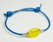 Adjustable Blue Leather Bracelet with Lemon Yellow Agate Bead - Sterling Silver Filled Wire Wrapped Bracelet