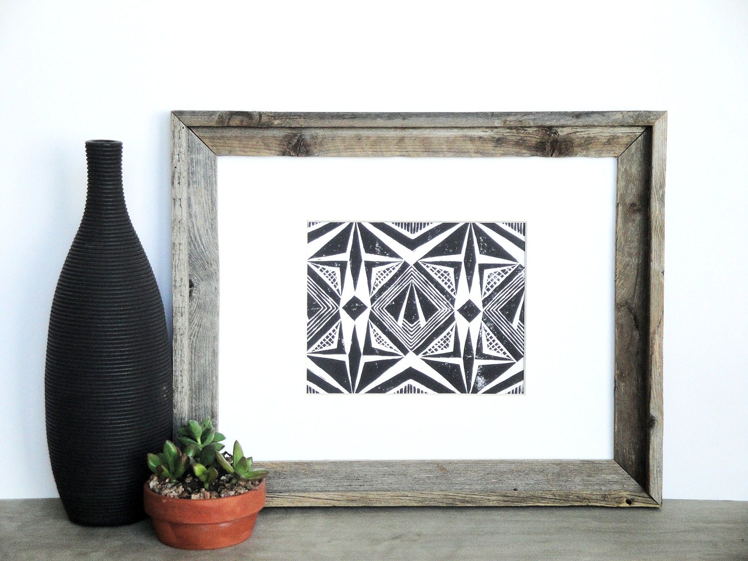 SALE Abstract Geometric Kaleidoscope Art Block Print 8 x 10 Home Decor / Black and White / Hand Pulled Linocut