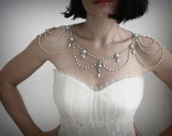 Necklace For The Shoulders,1920,Pearls,Rhinestone,Silver,OOAK Bridal Wedding Jewelry,Victorian,Made By Efrat Davidsohn