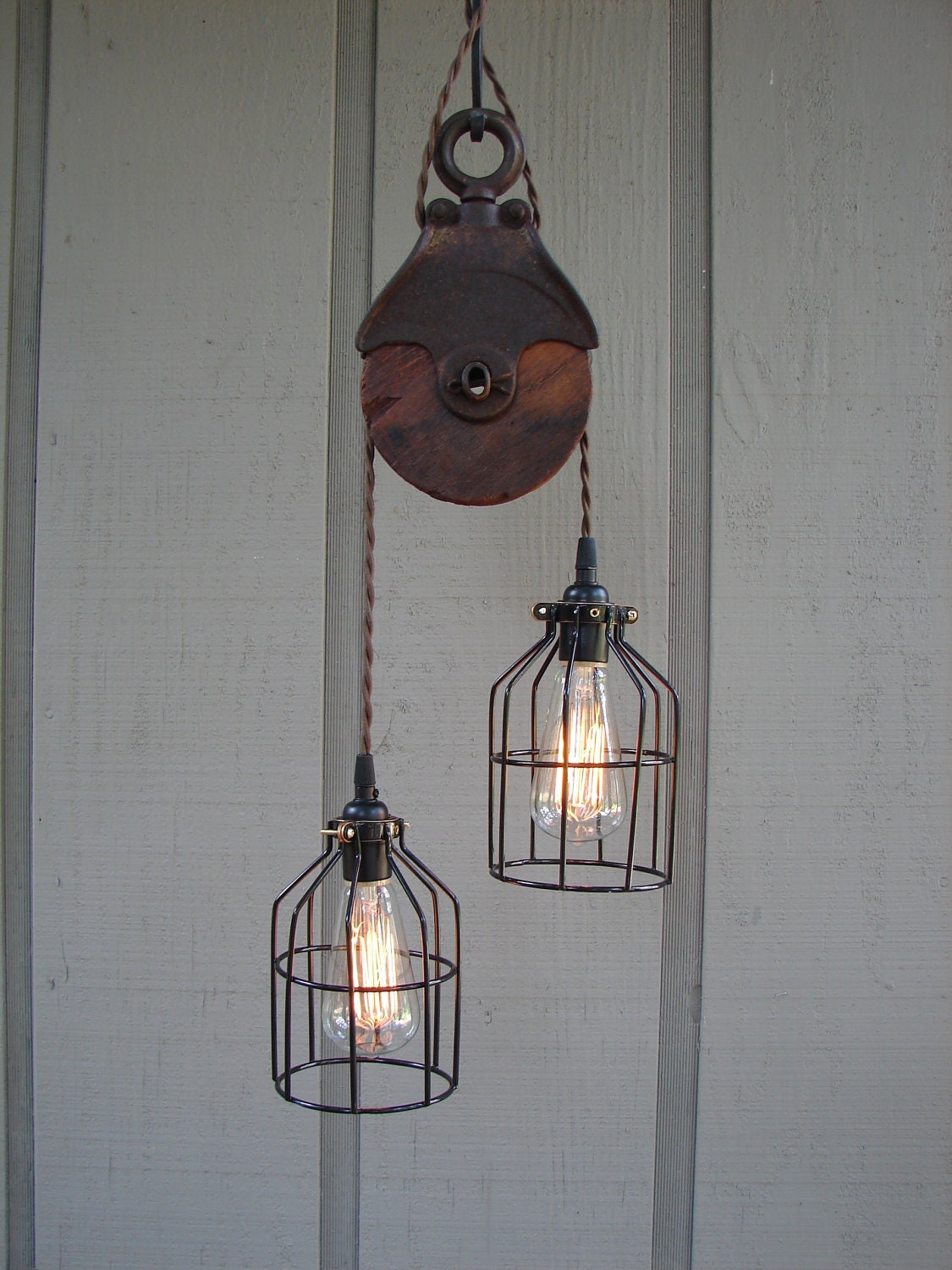 Upcycled Vintage Farm Pulley Lighting Pendant with Bulb Cages
