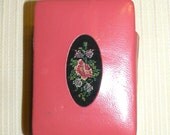 Vintage Leather Cigarette Case Mauve Floral Petit Point Oval Center Made in Western Germany