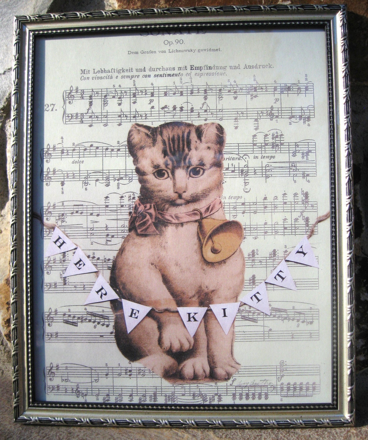 Cat, Vintage Cat Collage Print, Altered Art Cat, Shabby Silver Framed Vintage Cat, Shabby Home Decor, Victorian Die Cut Cat