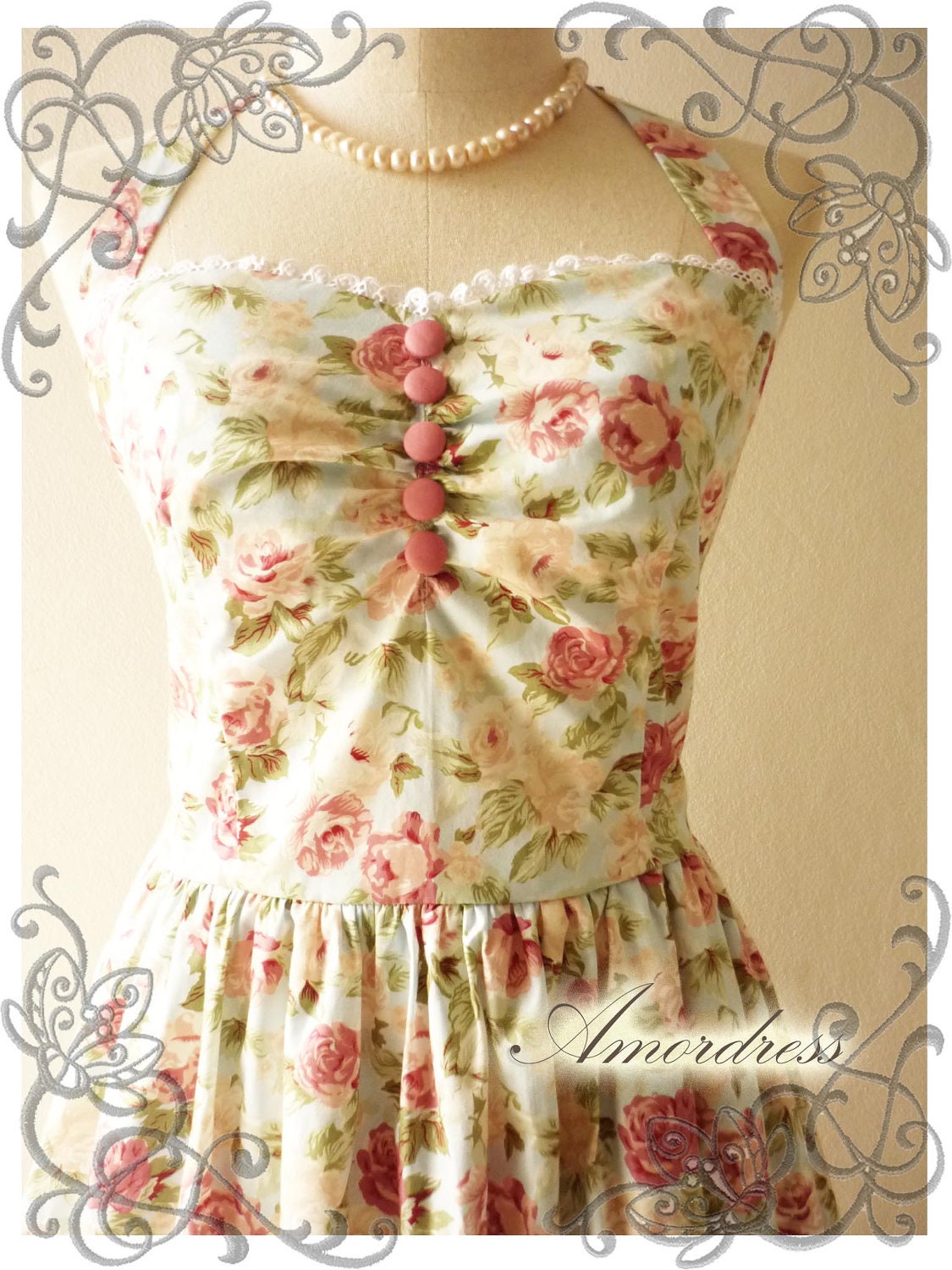 Vintage Inspired Dress Party Bridesmaid Floral Summer Dress Tea Length Once Upon A Time Powder Blue Rose Dress -Size XS, S, M, L, CUSTOM-
