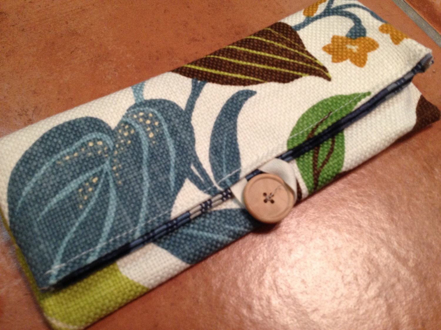Tropical Navy Blue Floral/Blue Stripe Pattern  REVERSIBLE Cotton Button Clutch Purse