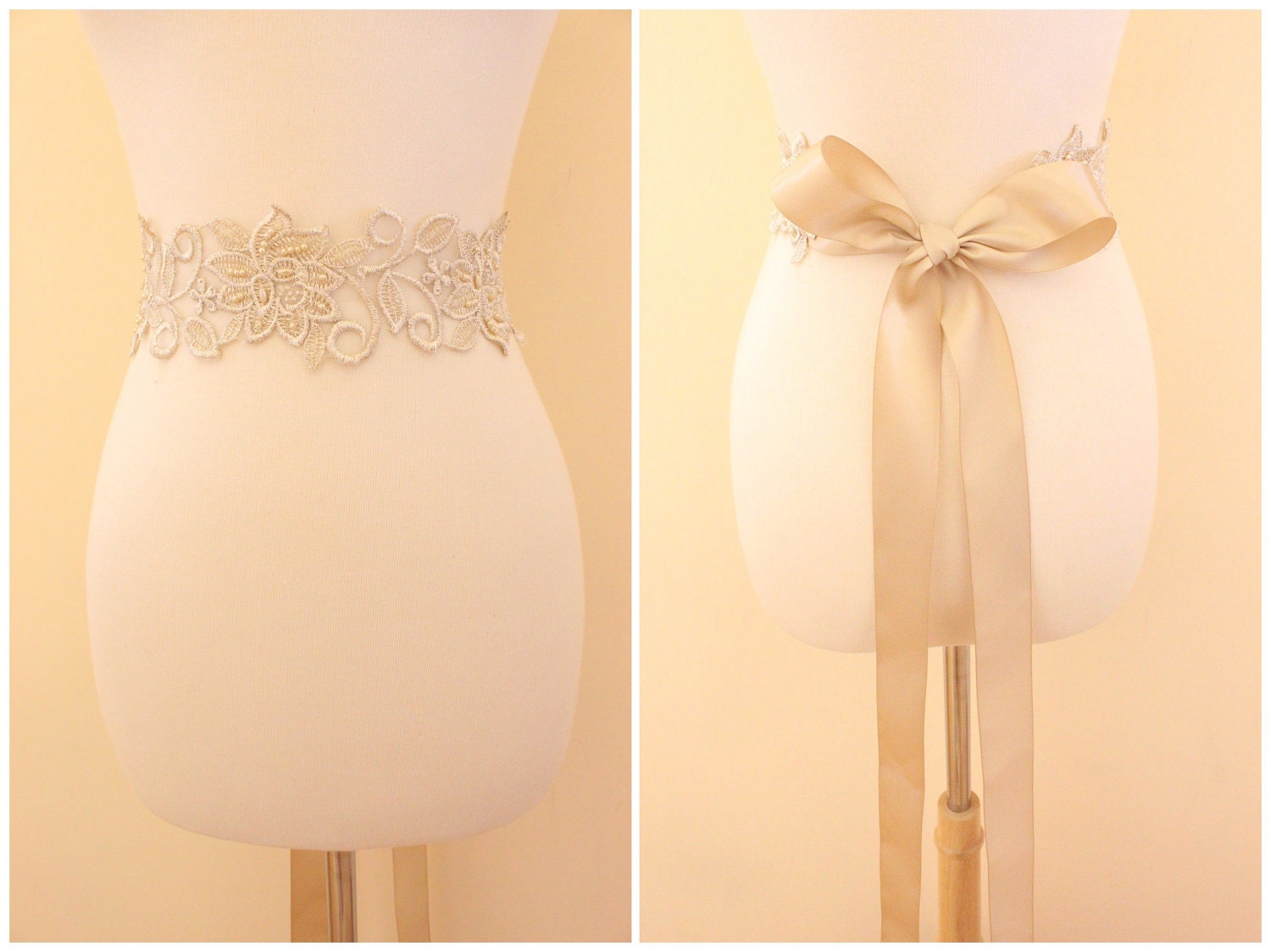 Light Gold Flower Metallic Lace with Champagne Satin Sash // Bridal Sash // SH-03