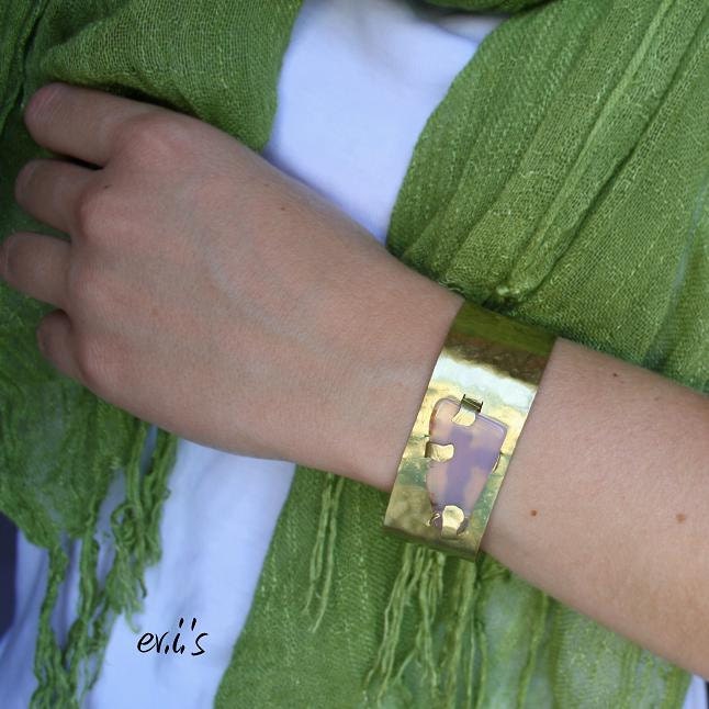 Handcrafted Hand Cut Hammered Shiny Brass Medium Wide Artisan Metalwork Bracelet Cuff with Pink Agate Gift for Her by  EV.I.