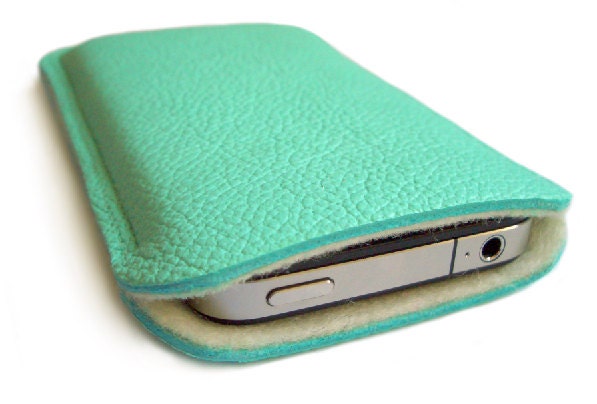 iPhone, cell phone case, iPod, TURQUOISE-MINT genuine leather & wool felt