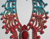 Hand Painted Vintage Rhinestone Statement Necklace- "Coral Reef"