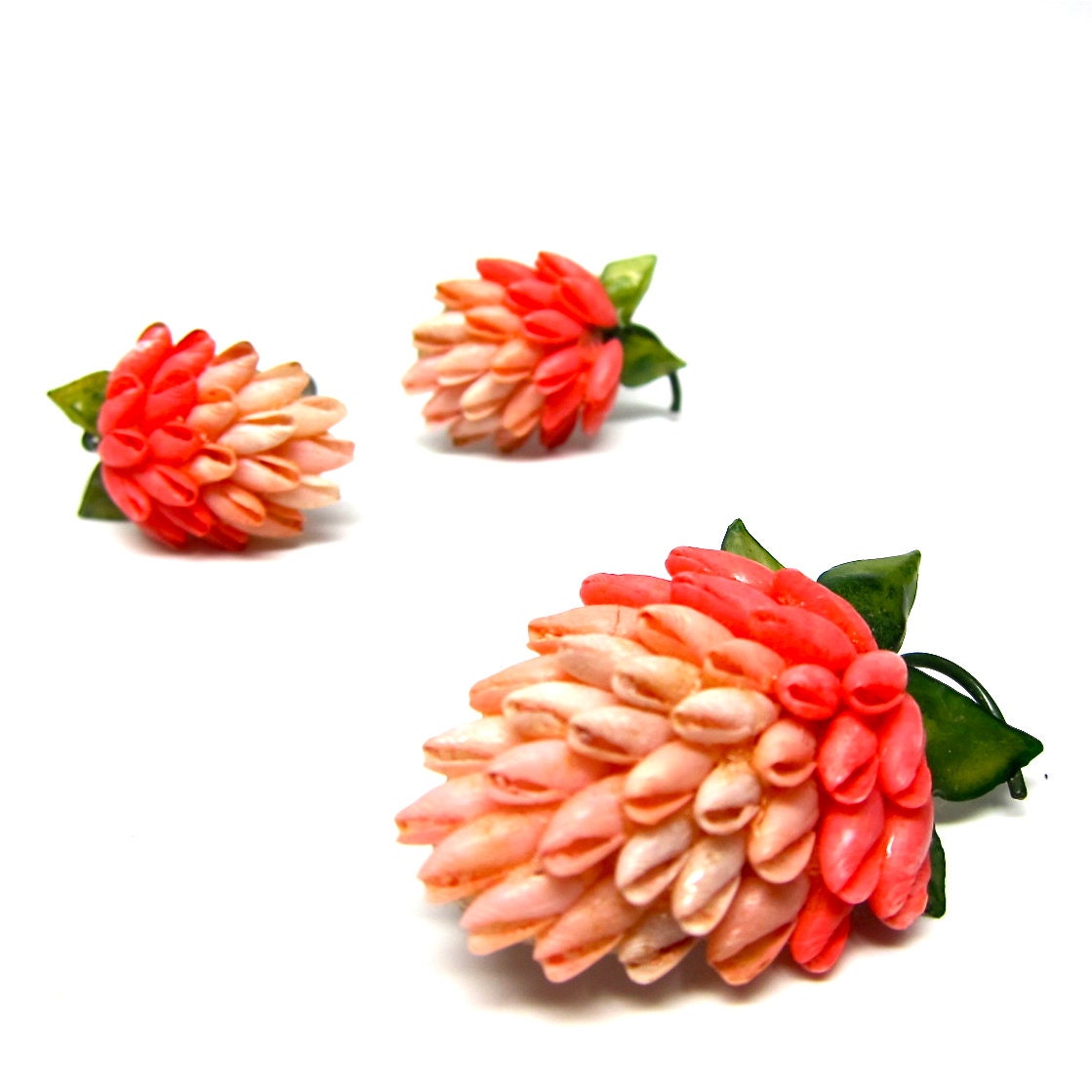 Vintage Strawberry Earrings Sea Shells Pink Brooch Set - hensfeathers