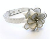 Dog leather Collar and zipper Flower, White, MADE TO ORDER in Your Choice of Size