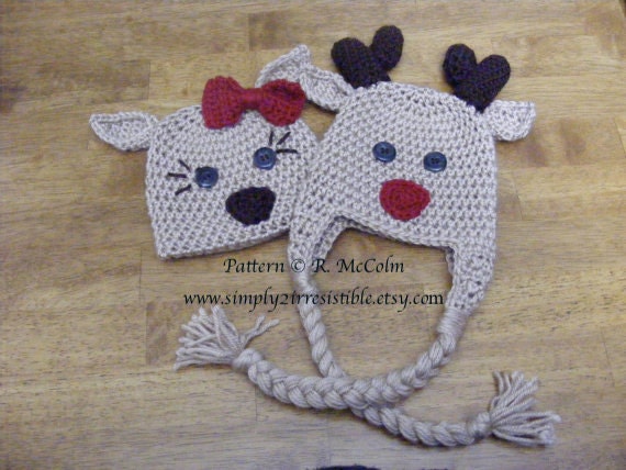 Rudolph and Clarisse Hat - Crochet Pattern 28 - us and uk Terms -  Beanie and Earflap - Newborn to Adult - INSTANT DOWNLOAD