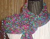 Knit  Scarf.Pink Green.Golden.Black Ruffle Trim. Light.Ladder.Ribbon  Yarn.Spring/Summer.Gift. Dressy.