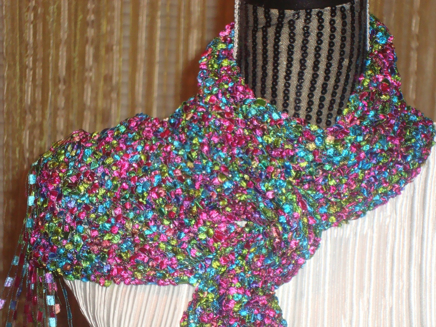 Knit  Scarf.Pink Green.Golden.Black Ruffle Trim. Light.Ladder.Ribbon  Yarn.Spring/Summer.Gift. Dressy.