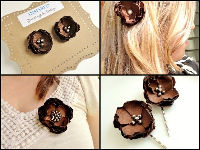 Brown Stud Flower Earrings, Small Fabric Studs, Posts, Rustic Fall Accessories, Cocoa Bridal, Rustic Autumn