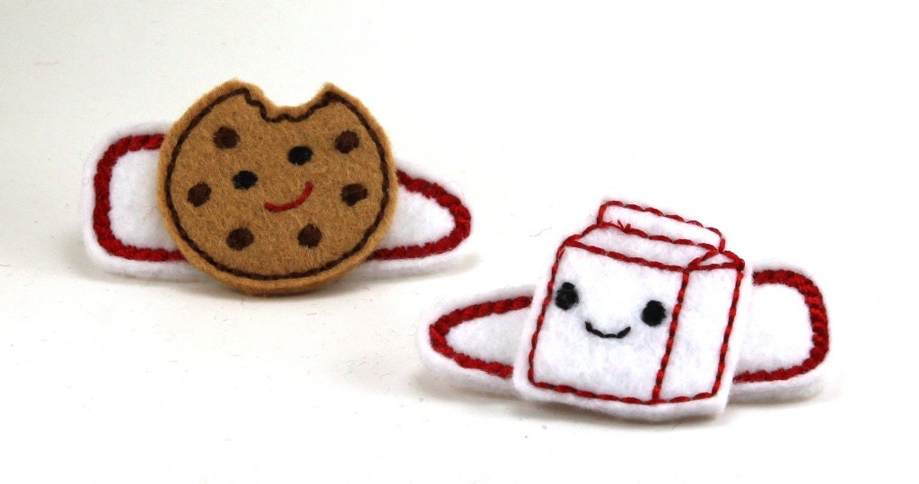 Milk & Chocolate Chip Cookie Felt Stitchies Snap Barrette Hair Clips