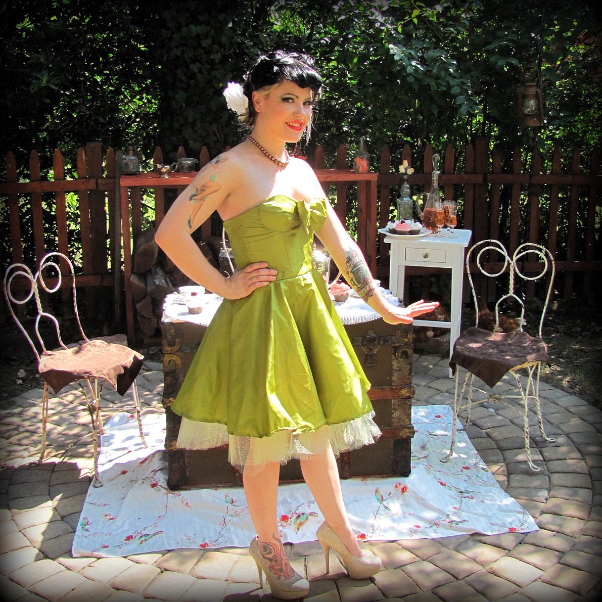 Womens Dress Green Vintage Inspired Full Skirt Tulle Party Dress Satin Bow Small