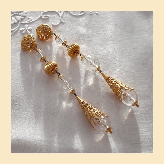 Vintage clip earrings with long clear acrylic drops and  filigree gilt beads
